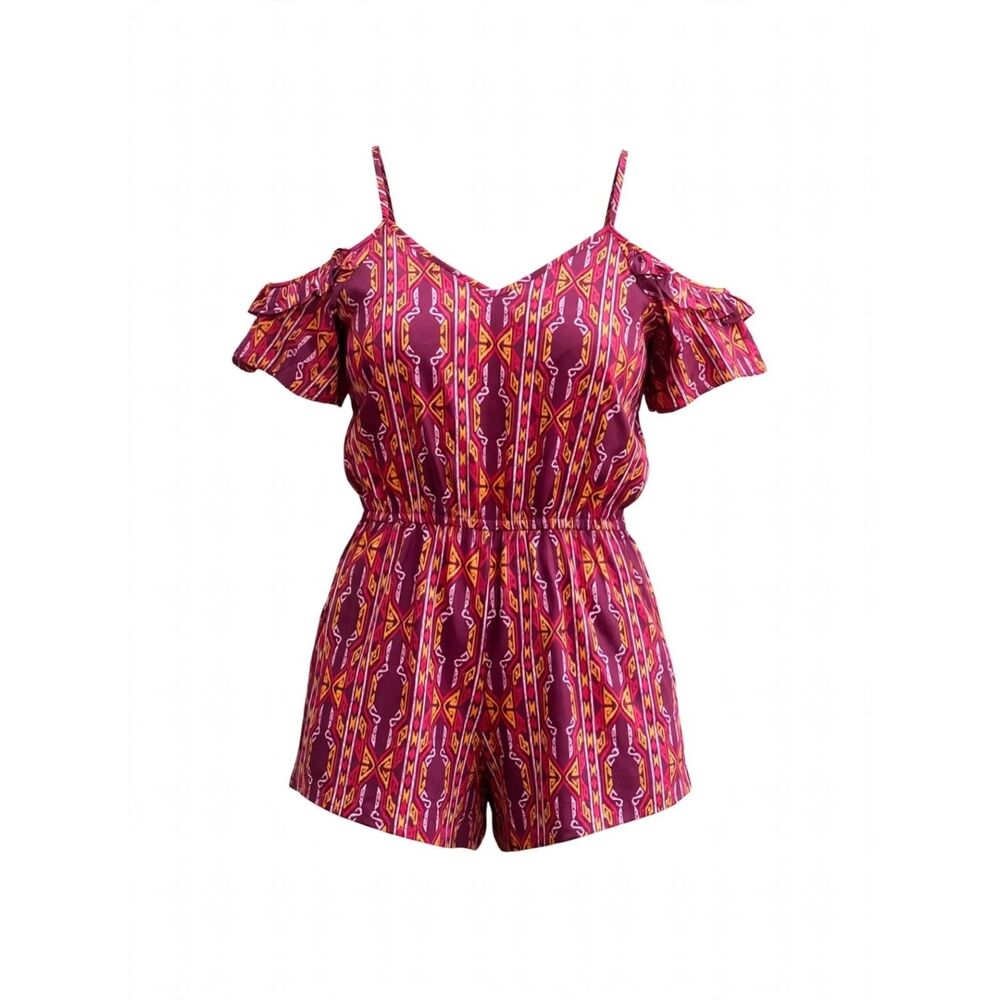 Arizona Jean Cold-Shoulder Printed Romper in Berry Pink  L